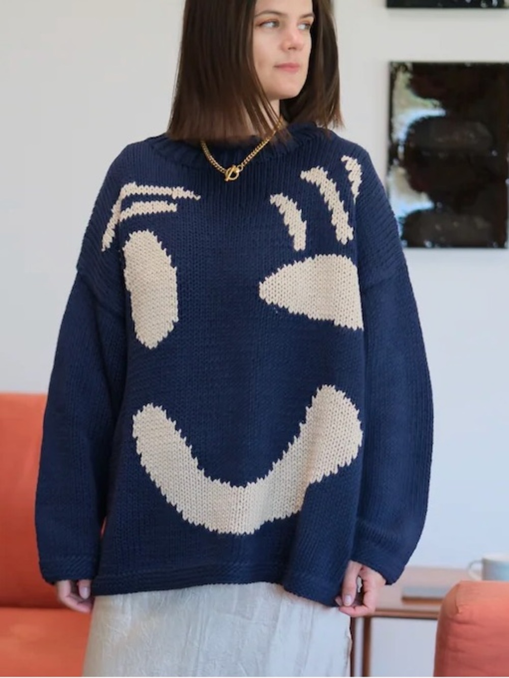 Slow Love Feel Good Hand Knit Jumper Smiley Face Sweater in Navy/Ecru in Size 1